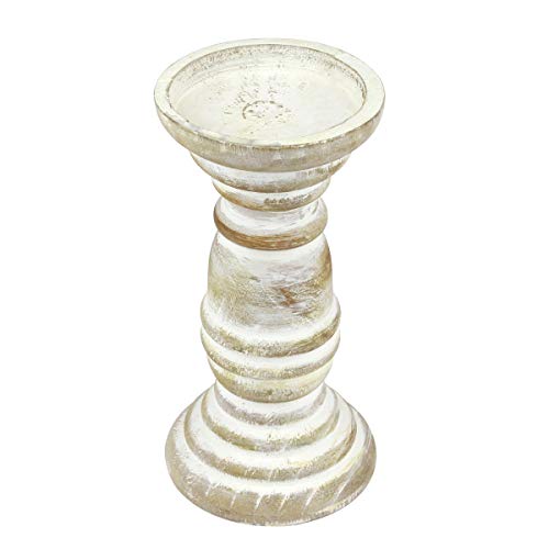 Stonebriar Decorative Worn White Wooden Pillar Candle Holder, Coastal Home Decor, Ocean Inspired Designs for Wedding Decorations, Parties, or Everyday Home, Large 8 Inch - color: Off White, size: 8 inches