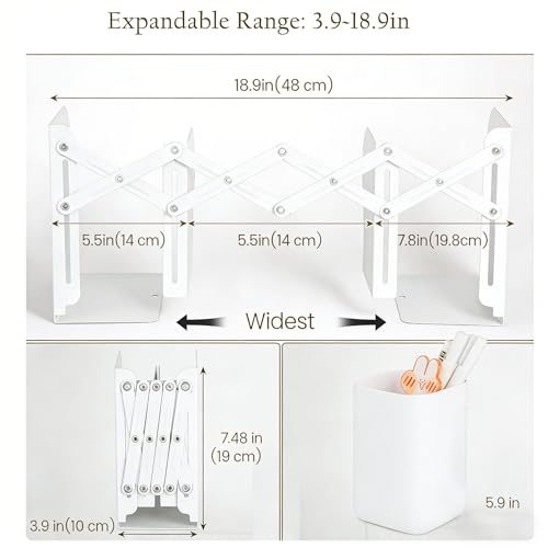 Book Ends with Pen Holder - Adjustable Bookends for Shelves - Desktop Organizer to Hold Books - Office Book Ends Storage Rack Adjustable to 19in for Students, Offices, Study Rooms - Space Saving