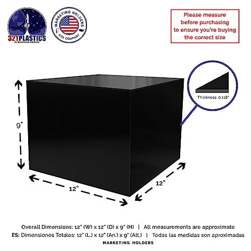 12" x 12" x 9" Acrylic Display Riser Box with One Open Side No Lid Glossy Black Versatile Square Merchandise Storage Bin or Retail Product Riser by Marketing Holders - color: Black, size: 12"w x 12"d x 9"h