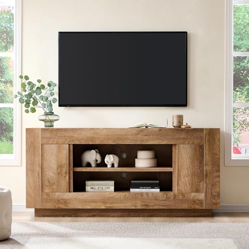 OKD Modern 70" TV Stand, Entertainment Center for TVs Up to 80", Media Console with Large Open Storage & Side Cabinets, Thick Wood Design for Living Room, Light Knotty Oak - color: Light Knotty