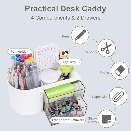 Meiikun Desk Organizer with Drawer, Pen Organizer for Desk, Small Pencil Holder, Desk Organizers and Accessories for Office Home Storage (2 Drawers+4 Compartments, White) - color: 4 Compartments + 2 Drawer (White)