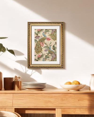 Golden Framed Canvas Wall Art Vintage Peacock, Classic Vine With Poppies Floral Canvas Print Wall Decor, Bird Art Print Wall Hanging 11x14 inch, for Bedroom Bathroom Living Room Decor - color: Peacock, size: 14"L x 11"W
