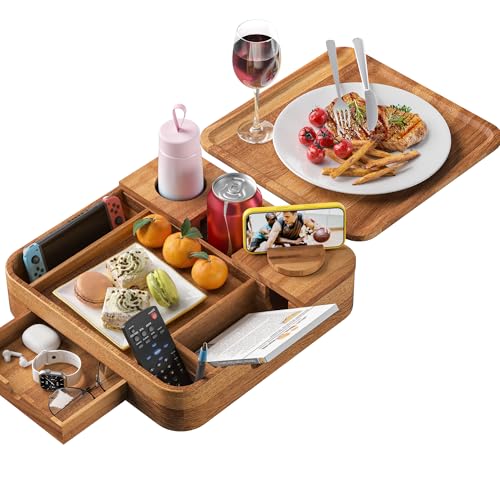Couch Cup Holder, Couch Tray Cup Holder Sofa Tray, Acacia Wood Large Capacity 2-Tier Wooden Trays with Drawer for Sofa, Bed, Picnic, Drinks, Snacks, Remote, Cell Phone 12.5 * 12.5 in - color: Acacia Wood