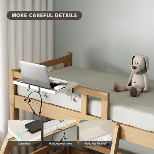Magheo Foldable Bedside Shelf, Metal Clip-On Bunk Bed Table Shelf for Top Bunk Heavy Duty Bed Side Table Tray for College Dorm Room Essentials, Loft Nightstand Organizer Tray with 3 Cord Hole(White) - color: White, size: 14.76" x 9.68" x 0.79"