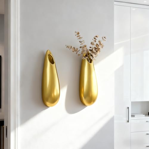 Sculptural Wall Ceramic Vase — 2 Pack Gold Hanging Sconce Vase | Turn Flowers into Art — Decorative Ceramic Wall Sconce for Single Stem Displays - size: 2pcs-Medium