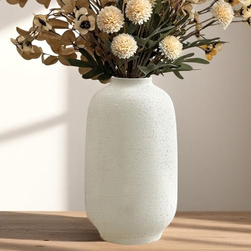 White Ceramic Flower Vase Home Decor - Large Tall Farmhouse Table Vases Rustic Living Room Kitchen Bedroom Decorations for House Book Shelf Office Coffee Desk，Hand-Made Textured Surface (10.8“ H) - color: White-10.8"tall, size: 10.8"-Cylinder