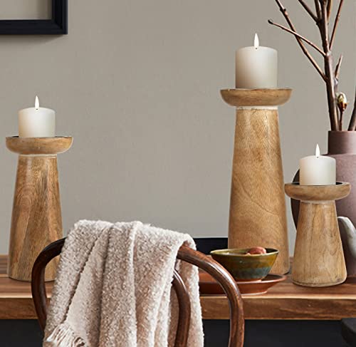 Hand Crafted Wooden Pillar Candle Holder Set of 3, Ideal for LED and Pillar Candle, Gift for Wedding, Christmas, Party, Home, Spa, Reiki, Aromatherapy, Votive Candle Garden - 10,8,6 Inch - White Wash - color: White Wash, size: 10,8,6 Inch Set of 3 - Pilla