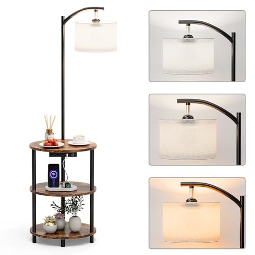 Round Side Table with Lamp and USB Ports, 3-Tier Small End Table for Living Room & Bedroom, Rustic Wood Metal Nightstand for Small Spaces, Easy to Assemble, Rustic Brown - color: Rustic Brown, size: 1-Pack, style: Built-in Charging + Lighting