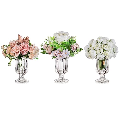 Glasseam Glass Vases for Decor, Small Compote Vase Set of 3, Ribbed Flower Vases for Centerpieces, Fluted Clear Crystal Pedestal Vase for Wedding Table Decorations, 5.7in - size: Small