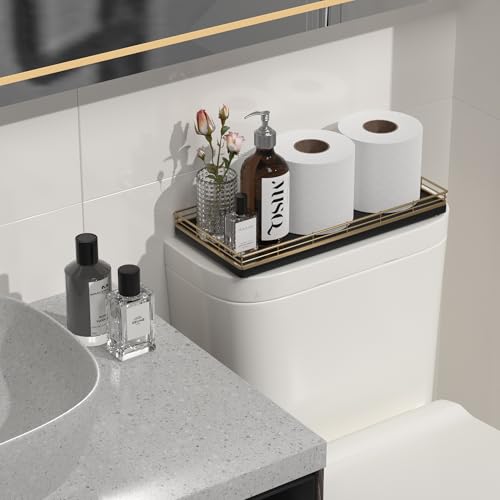 Oak Bathroom Toilet Tank Tray, 13" Paper Storage Basket Tray Back of Toilet Basket Organizer, for Perfume Makeup Candle Kitchen Counter Coffee Table Gold Decor - color: Gold, size: 13" x 6.5" x 1.5"