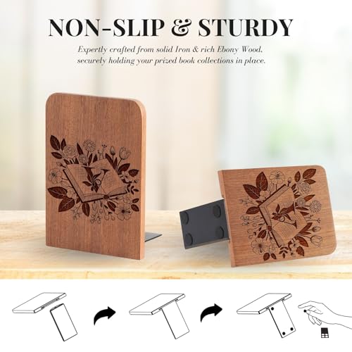Wood Bookends, Book Ends for Shelves with Decorative Alphabet A and Z Design - Heavy Duty Iron & Ebony Wood Book Ends for Shelves Bookcase Desk - 1 Pair - V - color: V