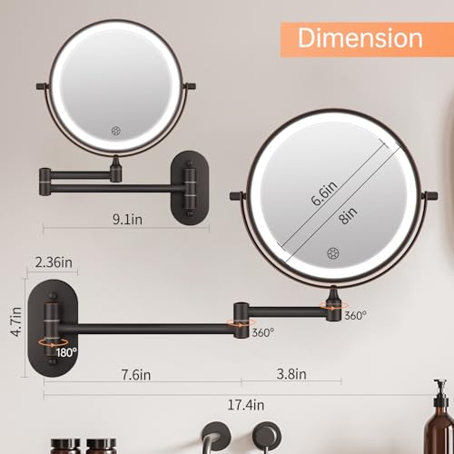 5000mAh Rechargeable Wall Mounted Lighted Makeup Vanity Mirror Double Sided 1X 30X Magnifying Bathroom Mirror, 3 Color Lighting, Touch Dimming, Extended Arm 360 Rotation Light up Mirror Antique Bronze - color: Antique Bronze