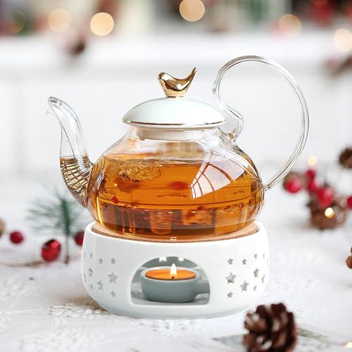 KAYCROWN Teapot Warmer, Ceramic Tea Warmer for Teapot, Tealight Warmer with Tealight Holder for Heating Coffee Milk Tea Warmer, Teapot Heater (White)