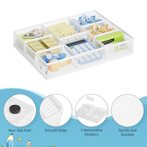 Marbrasse Desk Drawer Organizer, Metal Mesh Drawer Organizer Tray with 5 Adjustable Compartments,Desk Organizers and Accessories for Home,Office,Kitchen,Makeup,Vanity (White) - color: White