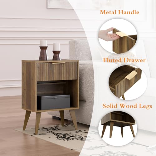 YAUKOMEL Fluted Night Stand with Opening Storage,Mid Century Bedside Table with Drawer,Wood Nightstand with Legs,End Table Side Table for Living Room,Bedroom,Caramel Oak 11.8"Dx15.7Wx 25.2"H CTG56BR - color: Caramel Oak