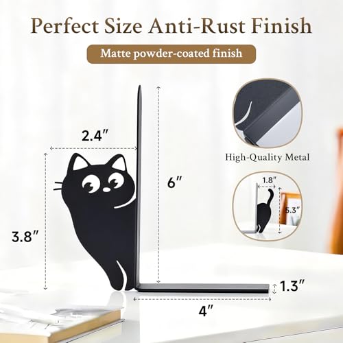 BEISE Book Ends Gifts for Cat Lovers, Decorative Metal Cat Bookends for Bookshelf & Desk, Cute Black Kittens CD Book Holder, Kitchen Organizer for Shelf, Home Office Decor, Unique Book Lover Gift - style: Naughty Cat