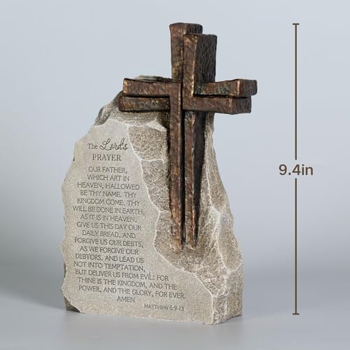 The Lord's Prayer Stone Decor with Bronze Color Cross, 9.4 inches, Religious Table Decoration for Home Office - color: Gray