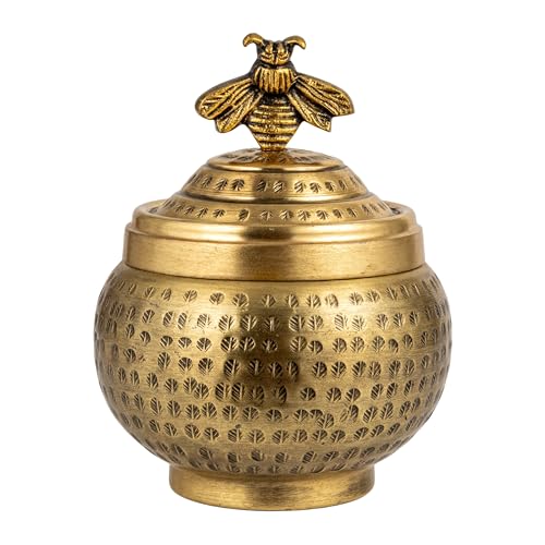 Creative Co-Op Round Hammered Metal Container with Bee Finial, Brass Finish - style: Bee