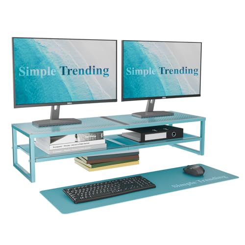 Simple Trending 2 Tier Metal Dual Monitor Stand Riser, Computer Office Desktop Organizer for 2 Monitors with 32"x10" Mouse Pad for Laptop, Printer, TV, Blue - color: Blue, size: 32"L x 10"W x 7"H