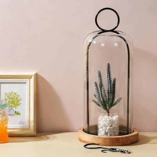 16" High Versatile Black Metal Candle Holder with Handmade Sturdy Glass Dome And Natural Wooden Base for Pillar Candle & Plants, Industrial, Farmhouse, Shabby Chic, Decorative Display Cloche Bell Jars - color: Black, size: 7"x16"