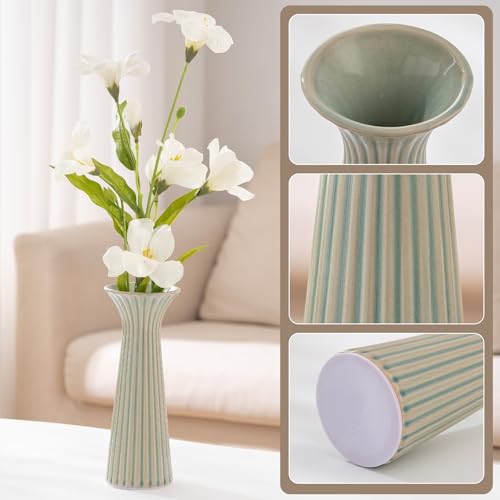7.68” Vintage Green Ribbed Ceramic Vase, Small Rustic Farmhouse Vase for Pampas Grass, Centerpiece, Coffee Table, Kitchen, Office & Home Decor - color: Rustic Green