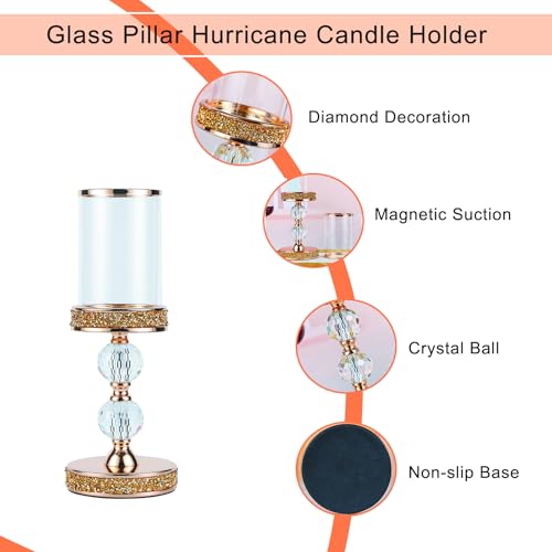 Pillar Candle Holder, 13 Inch Crystal Candlesticks for 3''X5'' Candles, Dining Coffee Table Decor, Wedding, Events, Parties - Glass and Gold Finish - size: 2 crystal balls