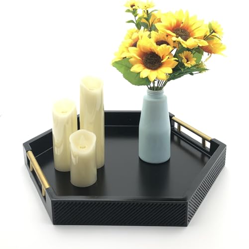 Serving Tray with Polished Metal Handles, Hexagon Coffee Table Tray, Modern Rectangle Decorative Tray, Large Ottoman Tray, Perfect for Storage and Display (Black Hexagon) - color: Black Hexagon