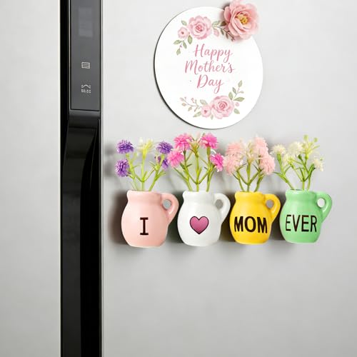 4 Pcs Mini Vase Fridge Magnets, Cute Ceramic Refrigerator Magnets with Artificial Flowers, Ideal for Mother’s Day and Birthday Gifts, Kitchen and Office Decor