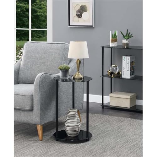 Convenience Concepts Designs2Go Classic Glass 2 Tier Round End Table 15.75" - Modern Side Table for Living Room, Tempered Glass Table with Storage Shelves for Bathroom, Bedroom, Office, Black/Black - color: Black Glass