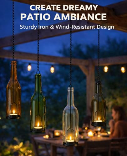 AceList 4-Pack Hanging Candle Holder for Cut Glass Bottles – Rustic Black Iron DIY Wine Bottle Lantern for Patio, Wedding, Halloween, Christmas Décor & Gift - color: 3.0" Diameter - Black, size: Pack of 4