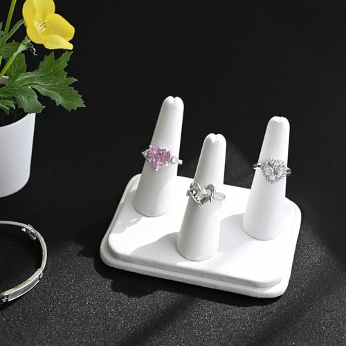 MOOCA Deluxe Leatherette 2 Pcs Set 3-Ring Organizer for Showcase Display Ring Finger Holder Jewelry Display Stands Showcase Jewelry Storage Counter, White PU Leatherette, 4 W x 3 1/4 D x 2 3/8 H inch - color: White Faux Leather, 3 Rings x 2
