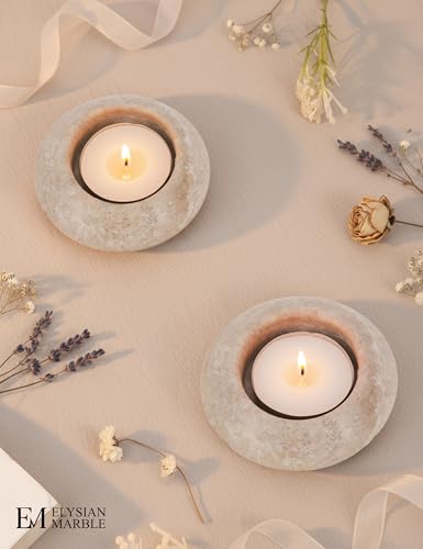 Tealight Candle Holders Set of 2 – Handcrafted Natural Marble Tea Light & Votive Holders, Decorative Stone Candle Holder Pair for Home Décor, Dining Table, Coffee Table & Wedding Decor - color: Travertine, size: 3" Inches