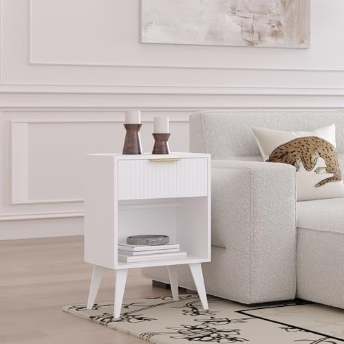 YAUKOMEL Fluted Night Stand with Opening Storage,Mid Century Bedside Table with Drawer,Modern Nightstand with Solid Wood Legs,End Table Side Table for Living Room,Bedroom,White CTG56W - color: White