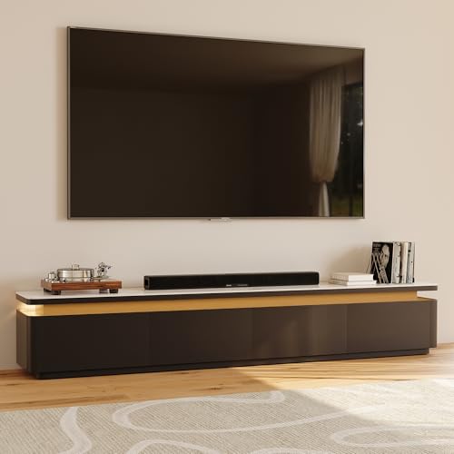 POVISON Fully Assembled 95" Mid-Century Modern TV Stand with LED Lights, White Glossy Sintered Stone Top Media Console for 85 Inch TV, Drop-Down Doors & Drawers, Open Storage for Living Room - color: White & Black, size: 95"