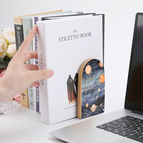 1 Pair Wood Handmade Book Ends Space Themed Art Bookends Non-Skid Decorative Bookends Book Stopper Book Shelf Holder for Shelves Heavy Books