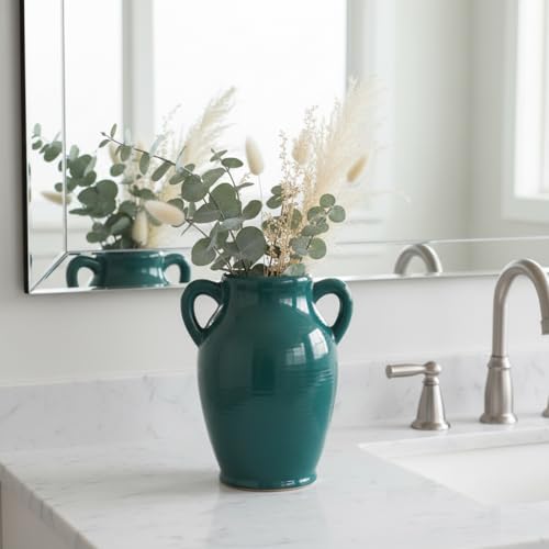 Sunddo Modern Ceramic Vase for Decor - 8 Inch Green Decorative Vase with 2 Handles, Pampas Grass Vases for Centerpieces, Living Room,Table Dining, Mantle, Console, Kitchen Decor - color: Dark Green - 8, size: 8 Inch
