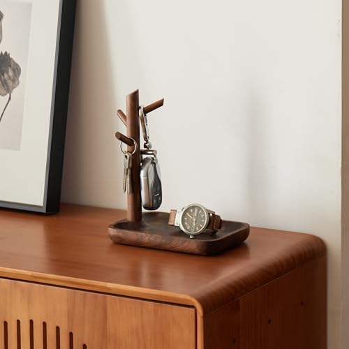 Black Walnut Solid Wood Key Dish Bowl for Entryway Table Square Tray With 3 Hooks, Open Storage for Keys, Wallet, Jewelry (Walnut, small) - color: Walnut, size: Small