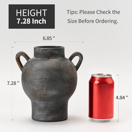 LUKA Antique Ceramic Vase with 2 Handle,7.28 inches Rustic Vase Minimalist Decor, Decorative Vases for Home Decor, Table, Living Room, Shelf, Christmas Decoration(Medium,Black) - color: M-black-(7.28 In)