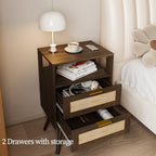 JOONEE Rattan Nightstand,Farmhouse Bedside Table with 2 Storage Drawer and Open Wood Shelf, for Bedroom and Small Spaces,Night Stand with Solid Wood Legs (Walnut Brown) - color: Walnut Brown
