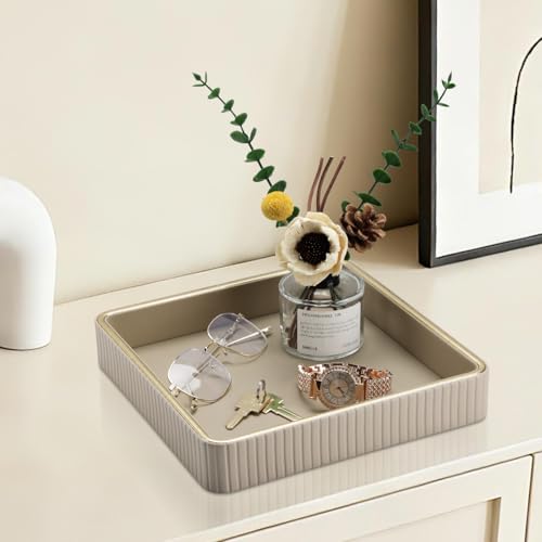 GORESE Square Perfume Tray Nightstand Organizer, PU Leather Purse Bowl Jewelry Trays for Dresser, Trinket Dish Catchall Bowl for Keys, Decorative Vanity Tray, Gift for Women, Beige(9.3'' × 9.3'') - color: Beige