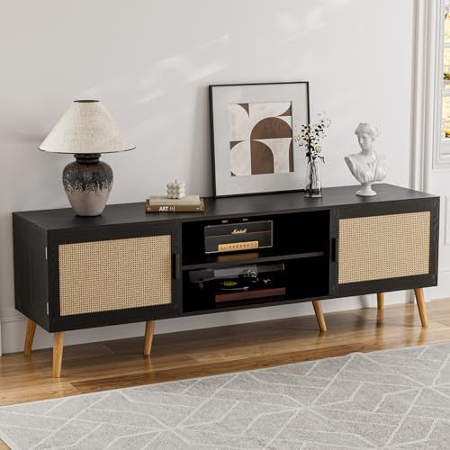TV Stand for TVs up to 60 Inch, Modern Entertainment Center with Storage, Media Console Table with 2 Cabinets & Shelves, Wooden TV Stand for Living Room Bedroom, Black - color: Black