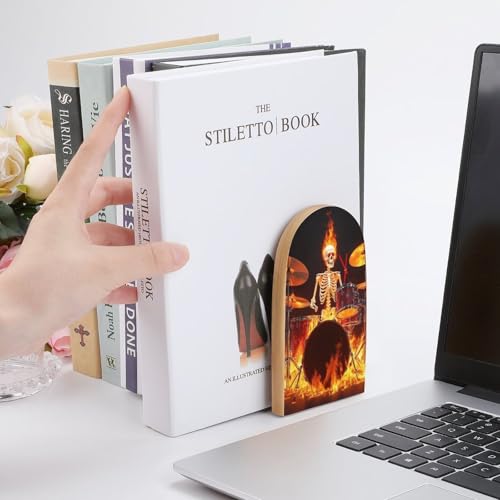 Sturdy Rock Drum Fire Flame Skull Skeleton Bookend Supports for Desktop, Book Ends Easy to Install, Book Stoppers for Heavy Duty Files, Magazines - color: Picture(454)