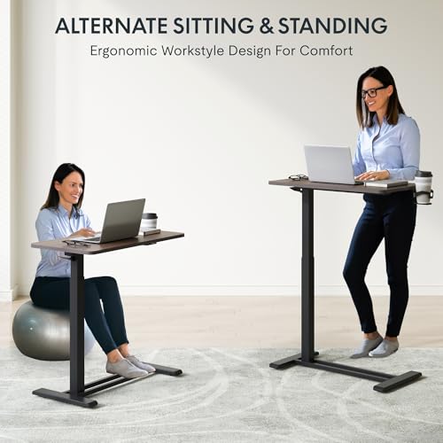 FLEXISPOT H7 Adjustable Overbed Bedside Table with Wheels Pneumatic Mobile Standing Desk Laptop Desk Rolling Computer Cart Movable Table Hospital Home Use(27.6" W x 15.7" D, Mahogany Table) - color: Mahogany, size: Small