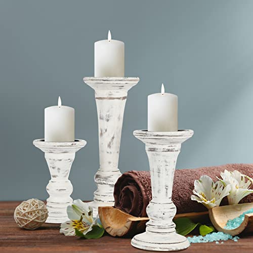 Hand Crafted Decorative Wooden Pillar Candle Holder Stand Siren Shape, Rounded Turned Colums, Country Style Ideal for Gift, Wedding, Christmas, Party, Home, Spa, 10,8,6 Inch Set of 3, Antique White - color: Antique White, size: 10,8,6 Inch Siren