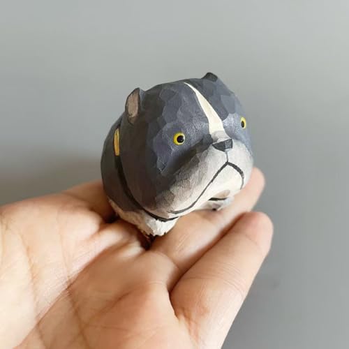 Hand Carved Wooden Grey Pit Bull Statue – Small American Bulldog Figurine, Collectible Wood Dog Sculpture, Unique Gift for Bulldog Lovers, Rustic Home & Office Desk Decor - color: Grey Pitbull