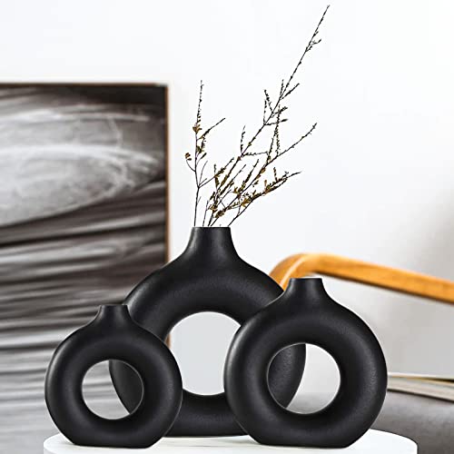 Black Ceramic Vases -for Modern Home Decor,Black Round Vase Set 3 Matte Design Minimalist Nordic Boho Style for Wedding Dinner Table Living Room Office Bedroom, Decorative Gift - color: Black, size: Small + Big + Super Large