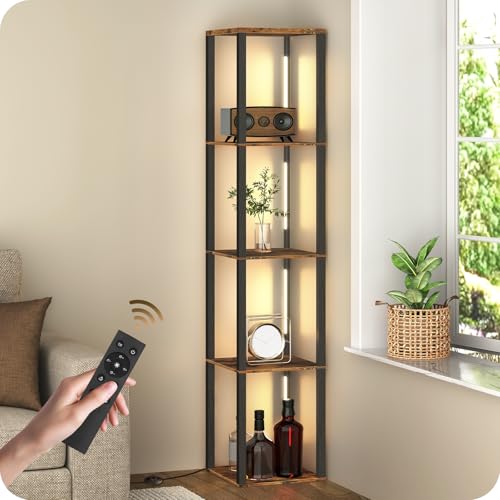 64.2" Display Shelf with Light, Modern Corner Floor Lampe with Shelves, LED Dimmable Standing Lamp with Remote for Living Room, Bedroom, Office, Adjustable CCT, Rustic Brown Square F51LD05 - color: Rustic Brown Square