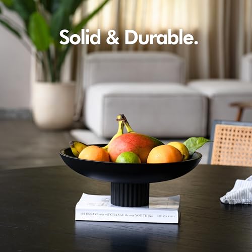KIVY Concrete Fruit Bowl for Kitchen Counter - Large Decorative Bowl for Home Decor - Black Pedestal Bowl - Decorative Bowls for Home Decor - Black Kitchen Island Decor - color: Black, style: Ribbed