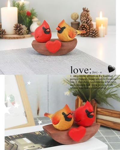 Handmade Wooden Cardinal Figurines on Heart Base - Set of 3 Hand-Carved Male & Female Red Bird Statues - Romantic Couples Gift for Anniversary, Valentine's Day, Wedding & Home Decor Accents - color: Red&yellow