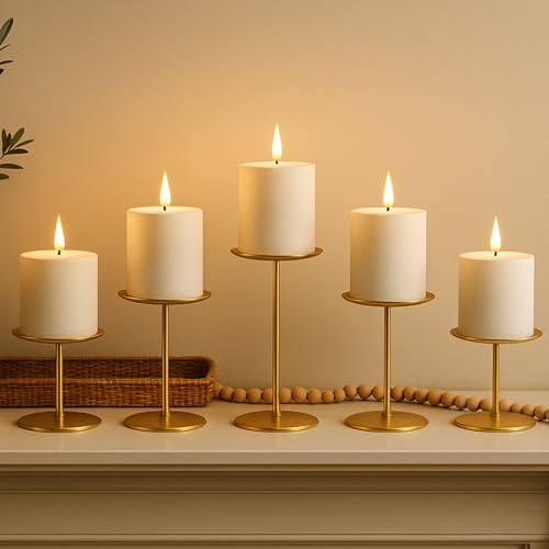 smtyle Gold Candle Holder for Pillar Candles Set of 5 Plate Centerpiece for Table or Floor with Iron - color: Gold